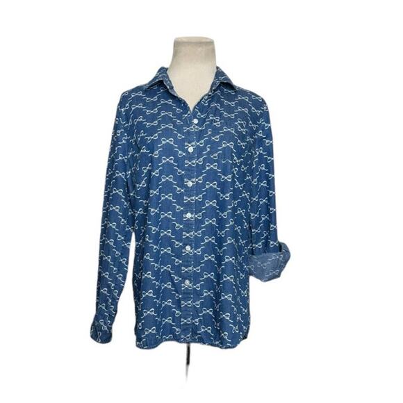 Kim Rogers blue chambray bow ribbon print button shirt size small - Picture 7 of 7